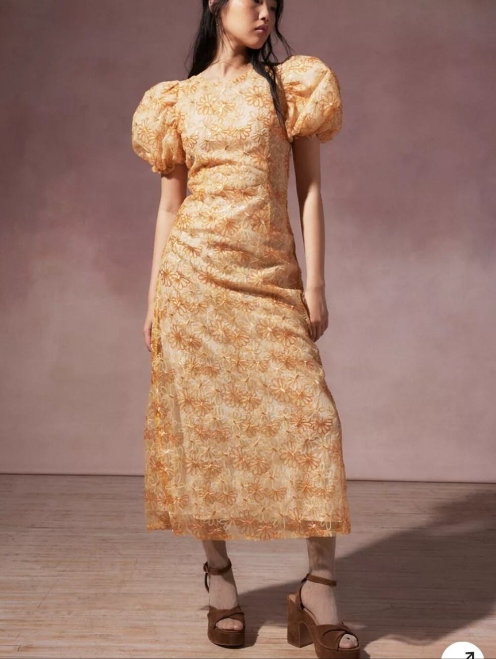 Sister Jane Peach Floral Lace Puff-Sleeve Midi Dress NWT